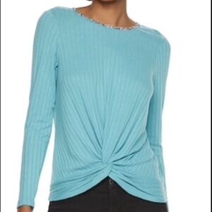 NWT Juicy Couture brushed ribbed top with twist & embellished neckline L